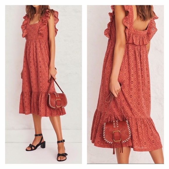 BA&SH | Medium Cut Out Detail Midi Dress Byrd Pink Ruffle Tiered Cotton - Picture 1 of 6